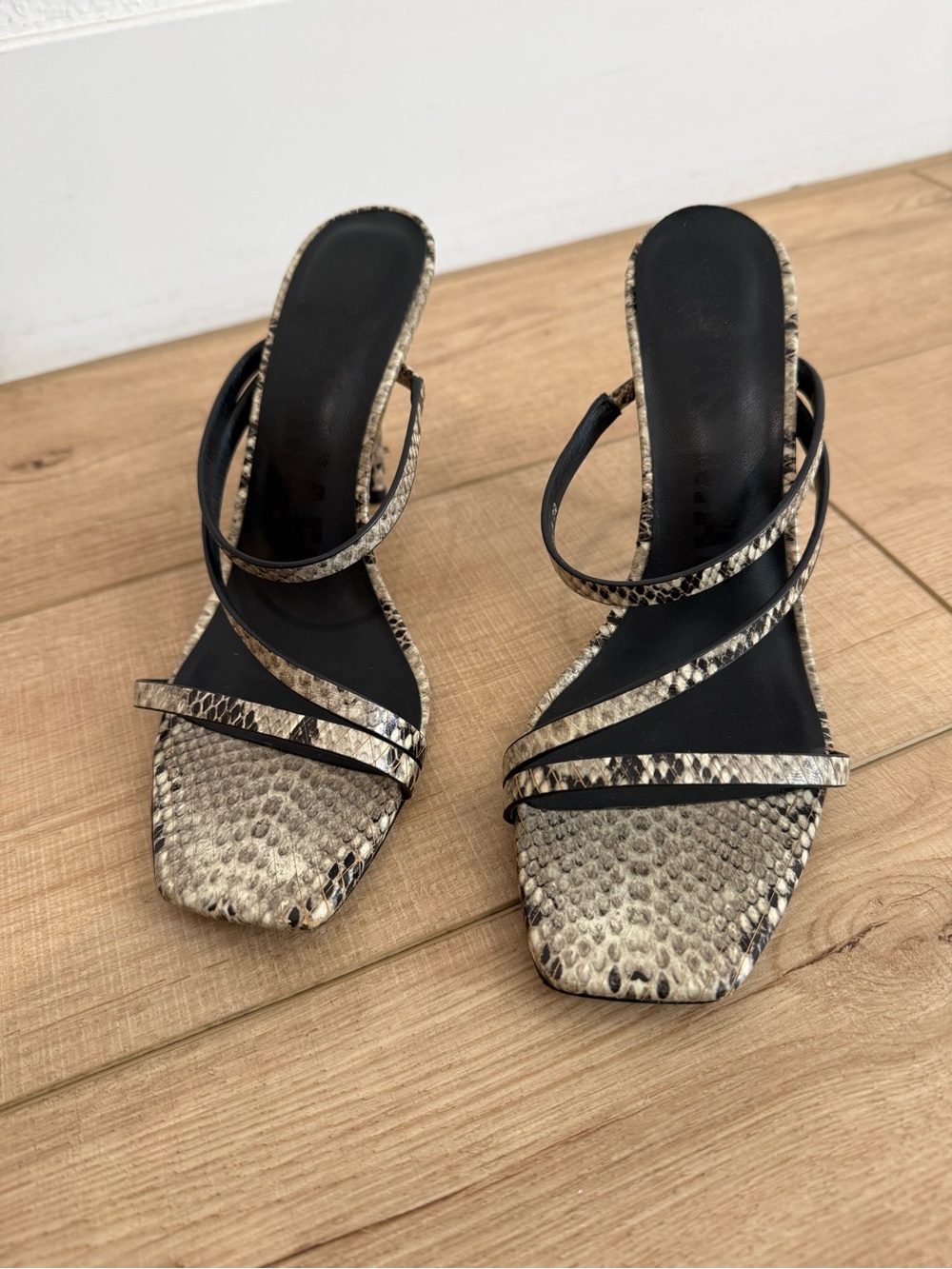 Women’s Snake-Print Strappy Slide Sandals - Black & Beige
